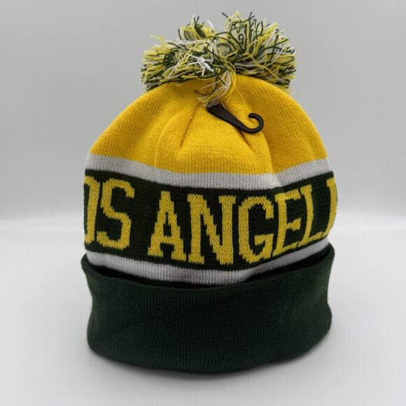Los Angeles Rams Style Pom Beanie Hat Knit Winter Cap Cuffed Green Gold White - Picture 1 of 4